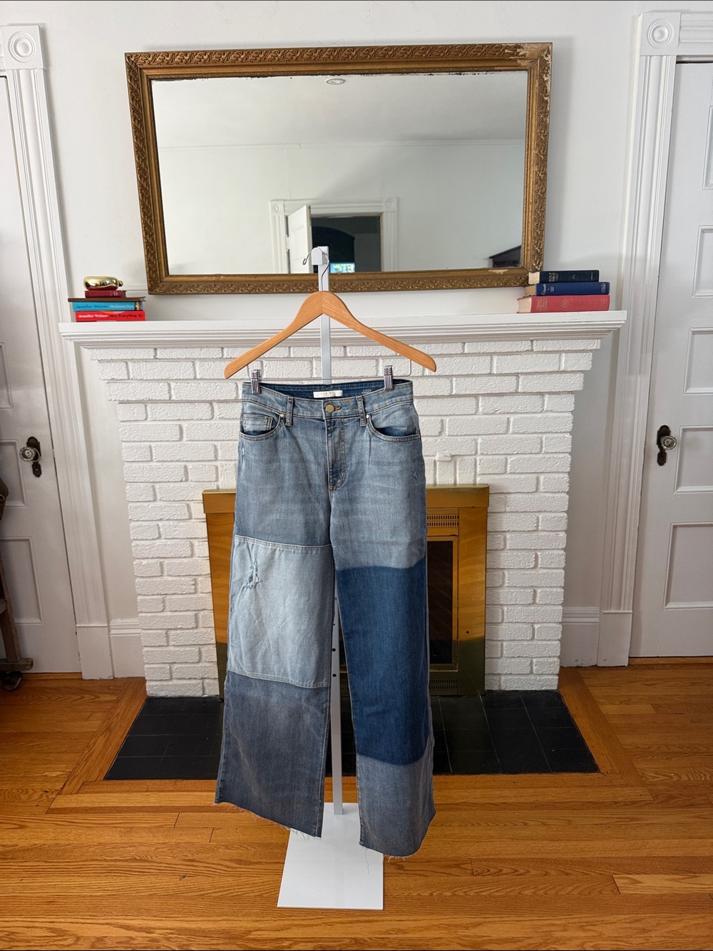Fidelity Denim Patchwork Wide-Leg Jeans in Mixed Blue Tones